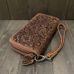 豪華花柄　カービング■ダブルラウンドファスナー　長財布■大容量　財布■ブラウン■