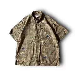 US古着00sコロンビアColumbia魚ルアー総柄シャツフィッシングベージュL