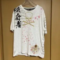 戦武雅結　和柄　スラブ　刺繍　Tシャツ　XL相当 超特大　桜　スカル　フロッキー