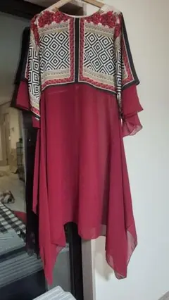 (RED one piece)赤いシフォンワンピース・フレアスリーブ