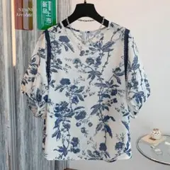 夏服コーデ 綺麗め プリント 切り替 ブラウス 中袖 薄手 エレガント レース