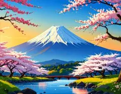 『富士山と桜咲く風景』　A4　グラフィックアート　インテリア　ポスター