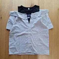 美品 西松屋 150 半袖 トップス ストライプ Tシャツ オープンショルダー