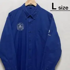 USA古着　ワークシャツ　長袖　L　ブルー　ワンポイント　プリント　ボタンダウン