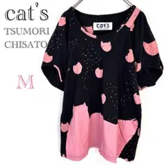 ◆キャットツモリチサト【M】半袖Tシャツ 猫柄 バルーン袖 綿100％ 総柄