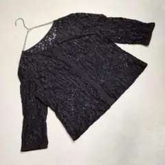 良品★カーディガン ノーカラージャケット 総レース 花柄 日本製 黒 M