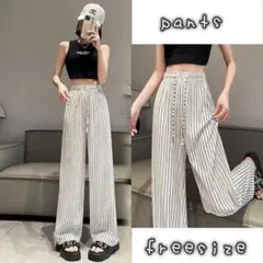 635 レディース　ワイドパンツ　美脚 体型カバー　ストライプ ウエストゴム 白