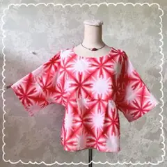 8791*藍染＆ハンドメイド 四角衣ブラウス 雪花絞り お揃いのあづま袋つき♡ 8791*藍染＆ハンドメイド 四角衣ブラウス 雪花絞り お揃いの