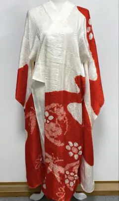 美品　振袖用　長襦袢　白　朱赤　絞り　正絹