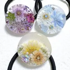 ⑨⑤レジンヘアゴム。3個セット。マトリカリア。紫陽花。アリッサム。ノースポール。