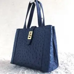 【未使用級 希少カラー オーストリッチ】ハンドバッグ　青　本革　ゴールド金具