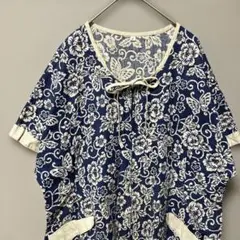 プルオーバーチュニック(F)花柄半袖ブルー　ゆったり胸元リボン　コットン100%