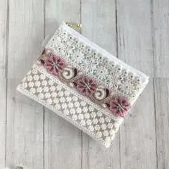 インド刺繍リボン ◎フェイクレザー◎フラットポーチ