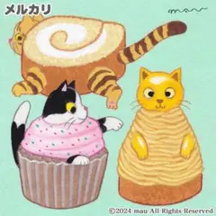 原画「三匹の猫～ケーキバイキング」猫/アート/イラスト/絵画/ロールケーキ/菓子