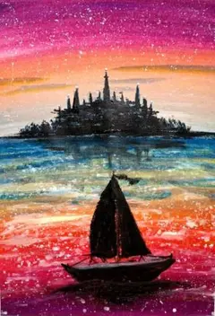 孤高の城 風景画 A4サイズ 黒フレーム入り　原画　手描き　ファンタジー画