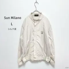 サンミラノ|メンズ シルク混 ジップアップブルゾン【L】バンドカラー ロゴ刺繍