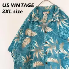 US古着　アロハシャツ　ハワイアン　半袖　開襟　総柄　リーフ　男女兼用　3XL