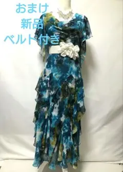 社交ダンスパーティドレス。爽やかな鮮やかな柄パーティドレスおまけ新品ベルト付き