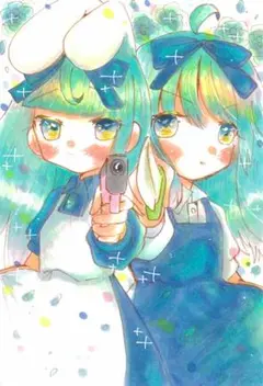 【展示会イラスト】オリジナル 手描きイラスト 白黒うさぎ×青 【ハガキサイズ】