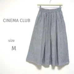 CINEMA CLUB 綿麻混リネンストライプ ロングスカート M　ブルー