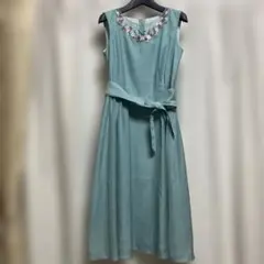 レッセパッセ　エメラルドグリーン　花刺繍　レースノースリーブ　ワンピース　36