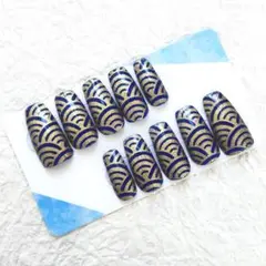 【現品限り】 ネイルチップ 和紙 和風 青 紺 金 ブルー ネイビー ゴールド
