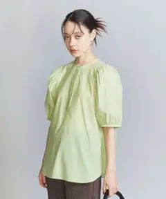 BEAUTY&YOUTH コットンナイロンパフスリーブブラウス　ライム　黄緑