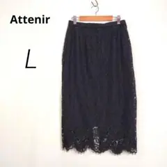 c7031【アテニア】ひざ丈 総レース タイトスカート L 黒 フラワーレース
