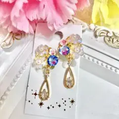 ハンドメイドイヤリング【No.041】痛くない 花 ブルー かわいい ガラス