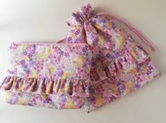 ハンドメイド♡フリル付き♡ファスナーポーチ・巾着袋２点セット　紫花柄　訳あり