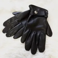 美品 ポロバイラルフローレン レザーグローブ 黒 M ストラップ ボタン 金具