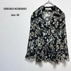 美品 ヒロココシノ シアーフリルブラウス38 スキッパー 花柄 ブラック 総柄