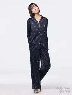 GU サテンパジャマ （長袖＆ロングパンツ）チェリー柄 ネイビー、ピンク