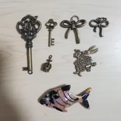 ハンドメイド、アンティークキー・ウサギ・リボンチャームセット