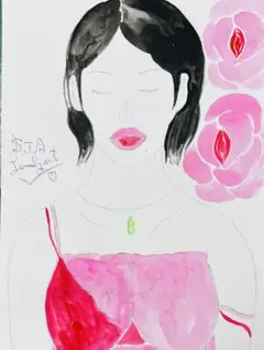 自画像ドローイング♡（受けてあげる♡）A4水彩アクリル絵画原画抽象画