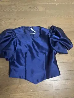 【美品】ネイビー パフスリーブ サテンシャツ
