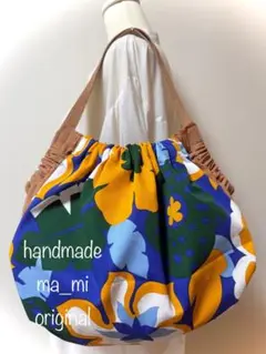 【ma_mi】グラニーバッグ花柄青　柿渋染めバッグトートショルダー　ハンドメイド