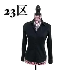 23区 ウエストタックブラウス/オープンカラー (38) 黒/光沢 美シルエット