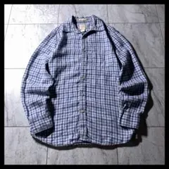 00s OLD GAP レギュラーカラー リネンシャツ 長袖 ブルー チェック