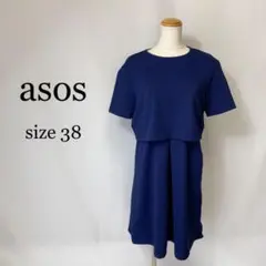 asos 半袖　カットソー　ドッキング　ワンピース　エンボス　ネイビー　紺色