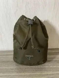 PRADA ポーチ　ナイロン　三角ロゴプレート　巾着　ミニ　バッグ　カーキ