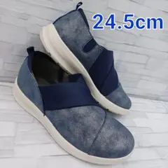 新品*レディース*24.5cm*軽量 紺色 クロスデザイン スリッポン シューズ