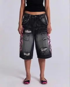 y2k トライバルプリント ショートバギーデニムハーフパンツ Lサイズ