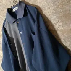 プルオーバー型 半袖シャツ ブルー サラサラ生地 柄シャツ L 切り替え