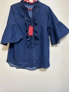 新品タグ付 &Loveデニムブルー フリル付きシャツ 半袖