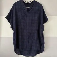 フレンチスリーブ スキッパーブラウス　ネイビー　チェック　XL