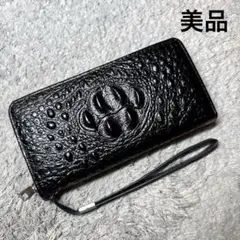 【美品】長財布 ラウンドファスナー クロコ型押し ストラップ付き ブラック