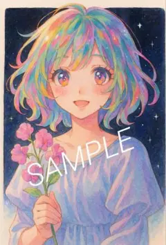 夜空と美少女イラスト アニメ風 水彩風 kawaii 幻想的No.95