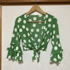 水玉模様フリルトップス グリーン