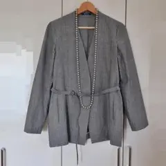 美品■アクアスキュータム■リネンストライプノーカラージャケット/綿麻絹■L